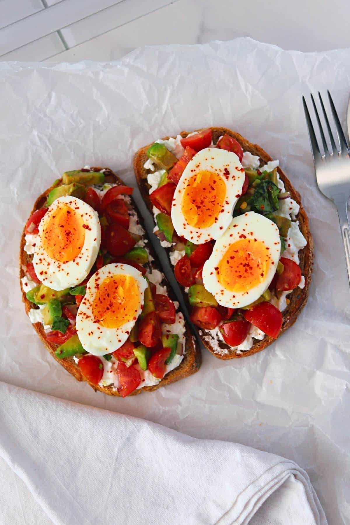 top shot of brischetta with eggs.