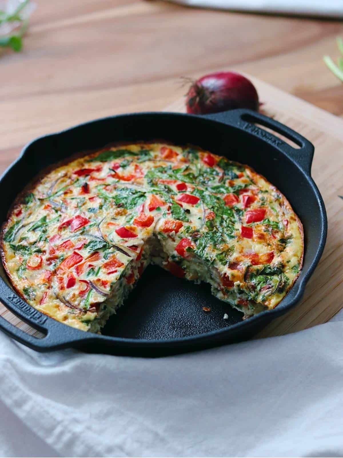 cutting frittata into 4 servings.